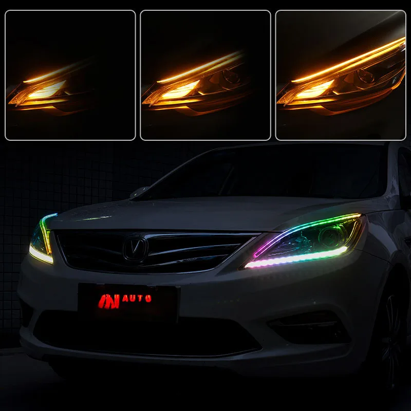 2x многоцветные ультратонкие автомобильные DRL светодиодный дневные ходовые огни Поворотная сигнальная направляющая полоса для фар автомобильная лампа в сборе для авто