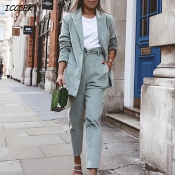 

2020 Autumn Womens Suit Blazer Set Solid Nylon Jacket Suit Office Formal Ladies Blazer Female Long Sleeve Coat Elegant Outerwear