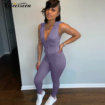 

Kricesseen Sexy Solid Color Two Pieces Pant Set Women Sleeveless Hooded Top And Pant Suits Sportwear Skinny Matching Set
