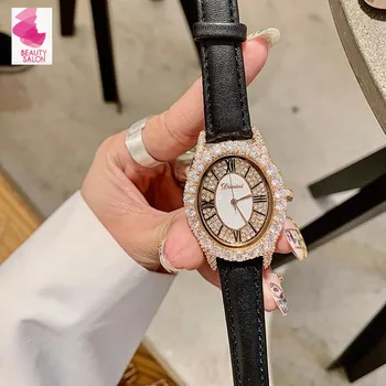 

Women Oval Watches Lady Rose Gold Quartz Watch Real Leather Rhinestone Diamond Wristwatches Girls Female Clock relogio feminino