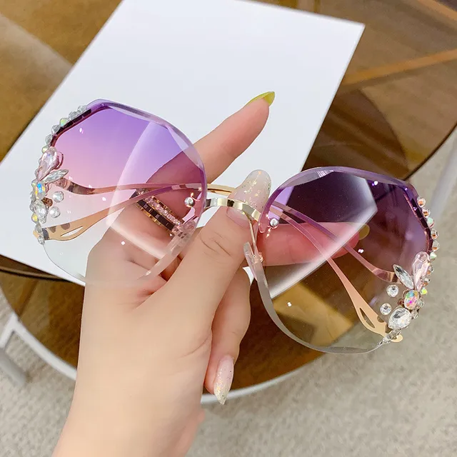 Fashion Anti-UV Diamond Sunglasses Women UV400 Rimless Vintage Sun Glasses Rhinestone Retro Sunglass Luxury Designer Oculos gradient purple