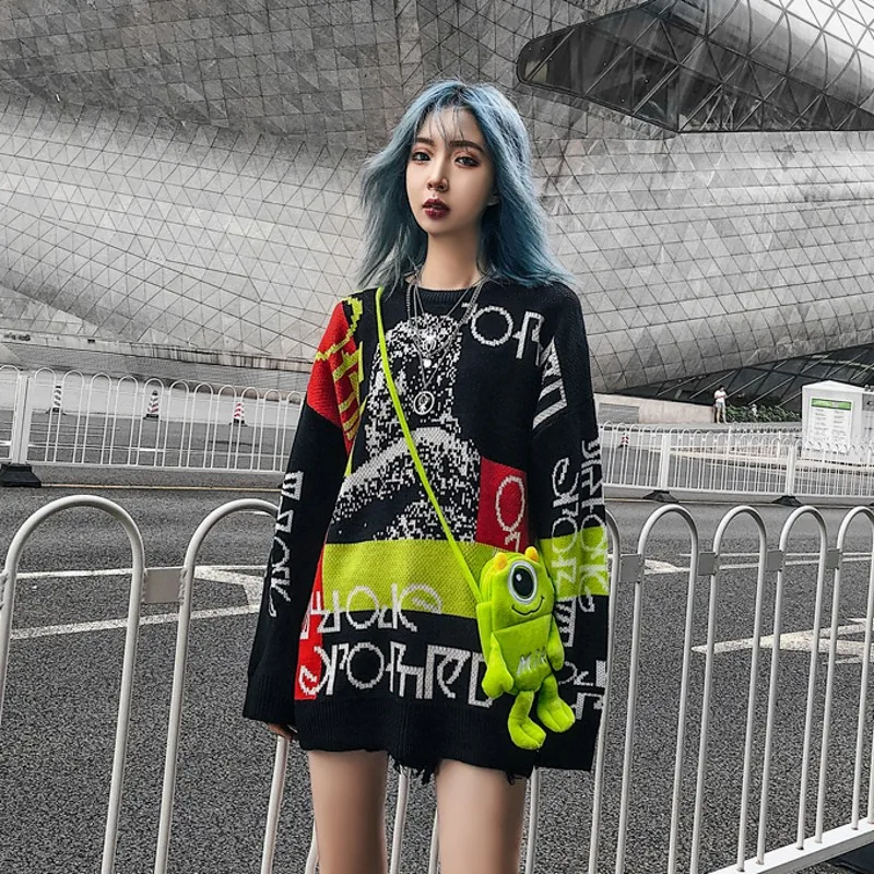 Harajuku трикотажные свитера мужские хип-хоп печати свободный пуловер свитер уличная Мужская Женская мода зима одежда WG587