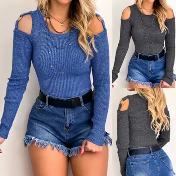 

Women Sweaters Leaky Shoulder Long Sleeve O Neck T Shirt Casual Slim Fit Tops Jumper Pullover Autumn Clothes