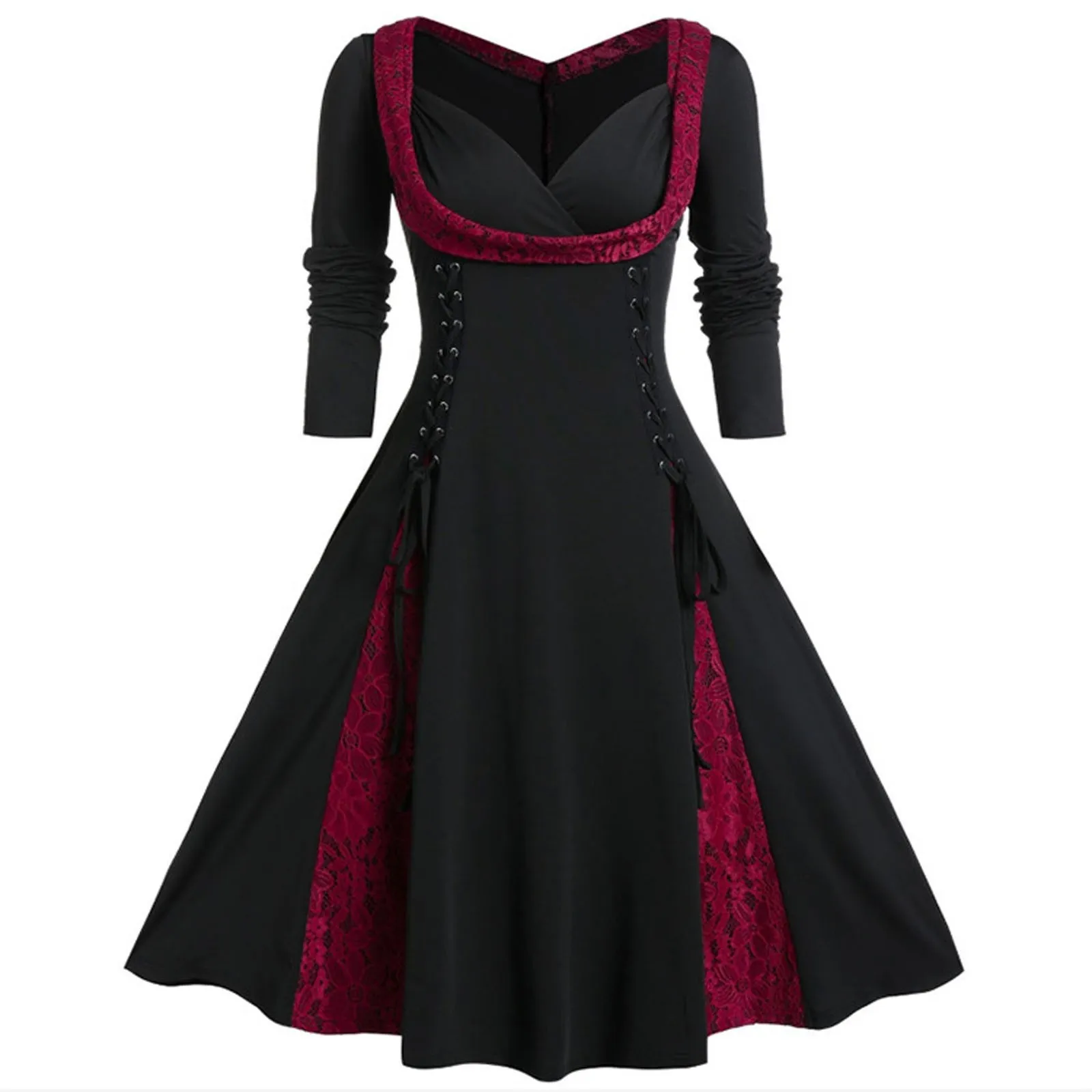 Women's Vintage Swing Dresses Elegant V-Neck Lace Patchwork Dress Button Long Sleeve Dress Females Pleated Dress femme Vestido 2