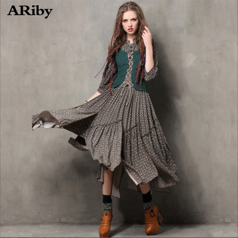 ARiby платье из двух частей, новинка, женское платье с цветочным принтом, индивидуальное длинное платье, винтажное платье с вышивкой и пряжкой, облегающее платье со средним рукавом