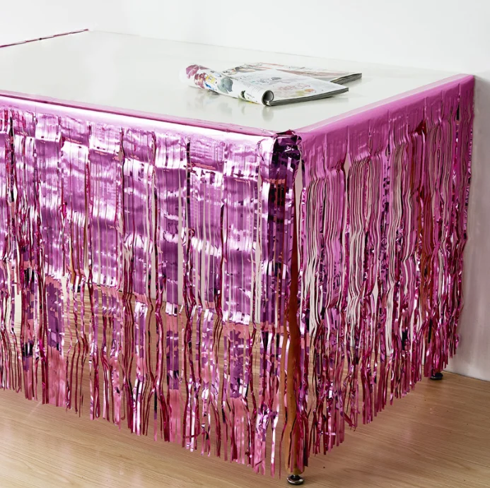 Table Skirt Foil Fringe Curtains Blue Gold Pink Glossy Metallic Tinsel for Party Birthday Gatherings Holiday Wedding Decorations