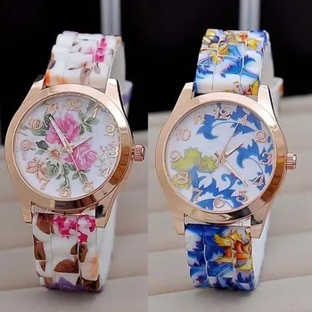 

New Silicon Strap Watch Beautiful Flower Porcelain Design Wristwatch Women Students Girls DQ-Drop