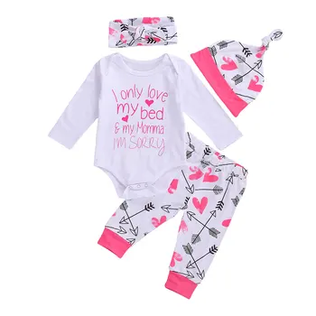 

2020 Summer Baby Girls Round Collar Long Sleeve Jumpsuits + Arrow Print Panta + Headband + Hat 4PCS Set 0-24M Children Clothing