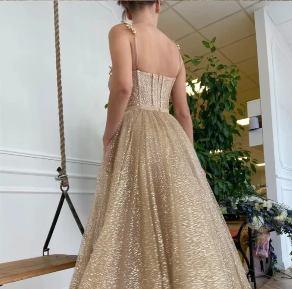 Verngo Glittery Gold Dotted Tulle Short Prom Dresses Pockets Shiny Straps Boning Tea Length Graguation Party Dress