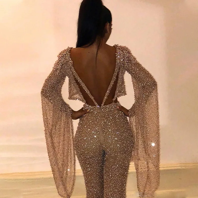 Sexy Backless Gold Sequin Bosycon Jumpsuit Women Long Sleeve Evening Party Night Club Bodysuit One Piece Rompers Overall Pants