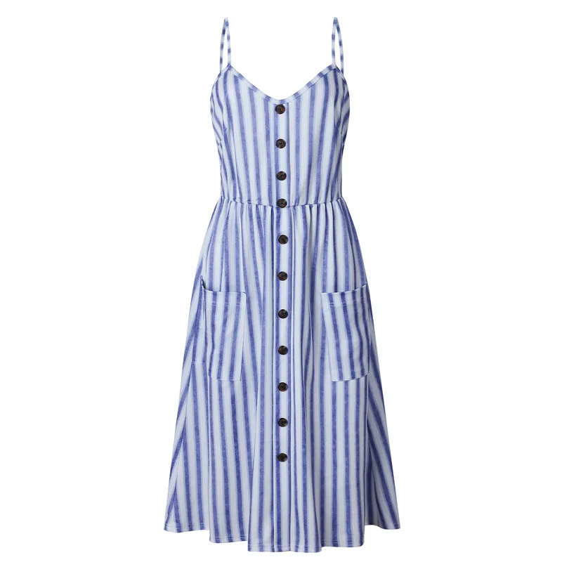 Lossky/повседневное элегантное платье миди на бретелях, сексуальное женское летнее платье без рукавов с карманами на пуговицах, женское пляжное платье размера плюс, Vestidos - Цвет: 0825 rough blue