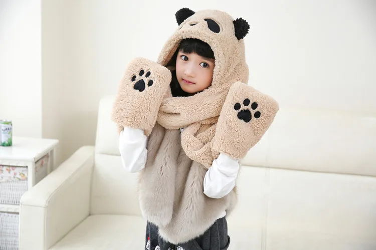 panda khaki Осенне-зимняя женская шапка, шарф, перчатки, Цельный Наряд, Корейская версия, женская шапка, Студенческая плюшевая Толстая теплая длинная шапка, шарф, шапка, шапка, набор - Цвет: panda khaki