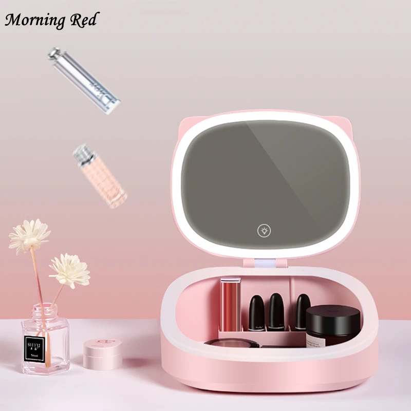 

Cosmetic Storage Plastic Box with LED Makeup Mirror Skin Care Desktop Finishing Case Dust Proof Lipstick Rack Make Up Organizer