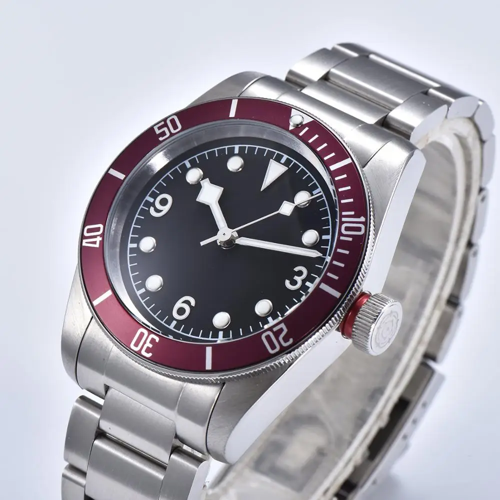 Модные часы BAY военный стальной корпус автоматическое движение Новые 41 мм светящиеся руки браслет красный ободок черный циферблат 71211