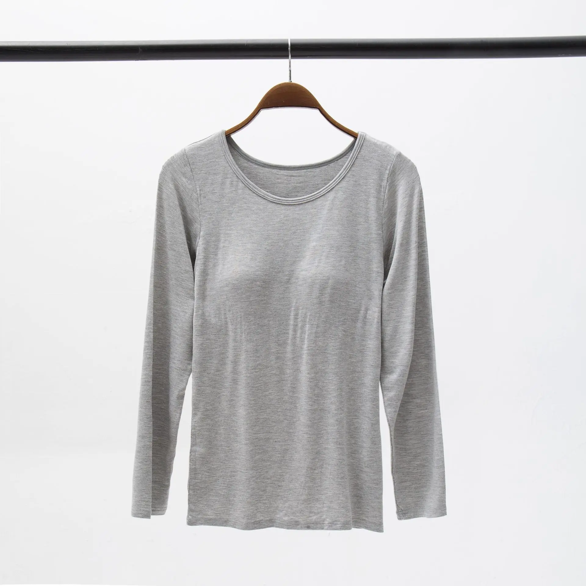 Long-Sleeved Sleep Tops Modal Women Bra Cup One-Piece Pajamas Underwear M-3XL