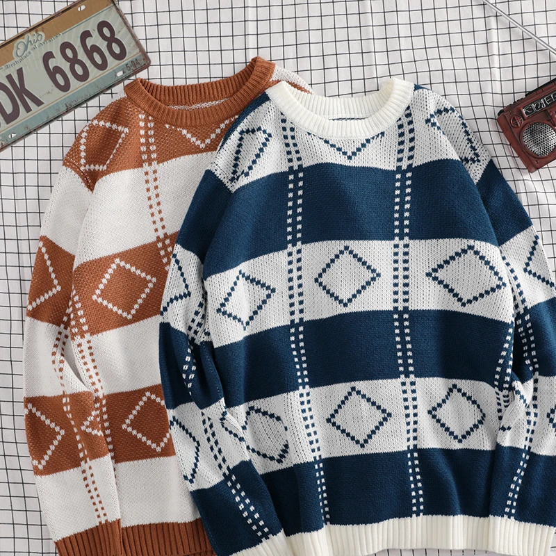 Winter Sweater Men's Warm Fashion Contrast Color Casual Knit Sweaters Man Sweter Clothes Wild Loose Long-sleeved Pullover Men