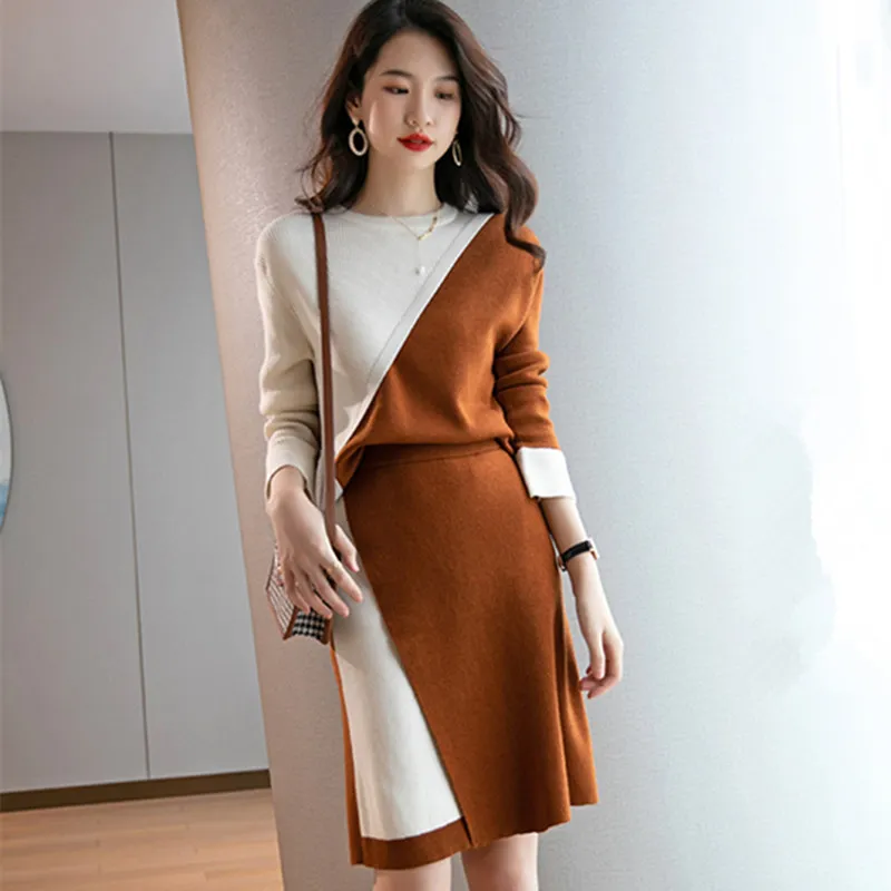 

Knit Set Women Sweaters Skirts Two Piece Set Elegant Woman Knitted Tracksuit Women Long Sleeve Pullover Sweater Sets Plus Size