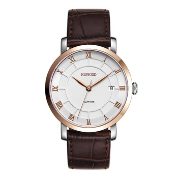 

RUNOSD Men's Watch Luxury Fashion Rose Gold Thin Stainless Steel Dial Miyota Quartz Sapphire Crystal Cowhide Strap gift