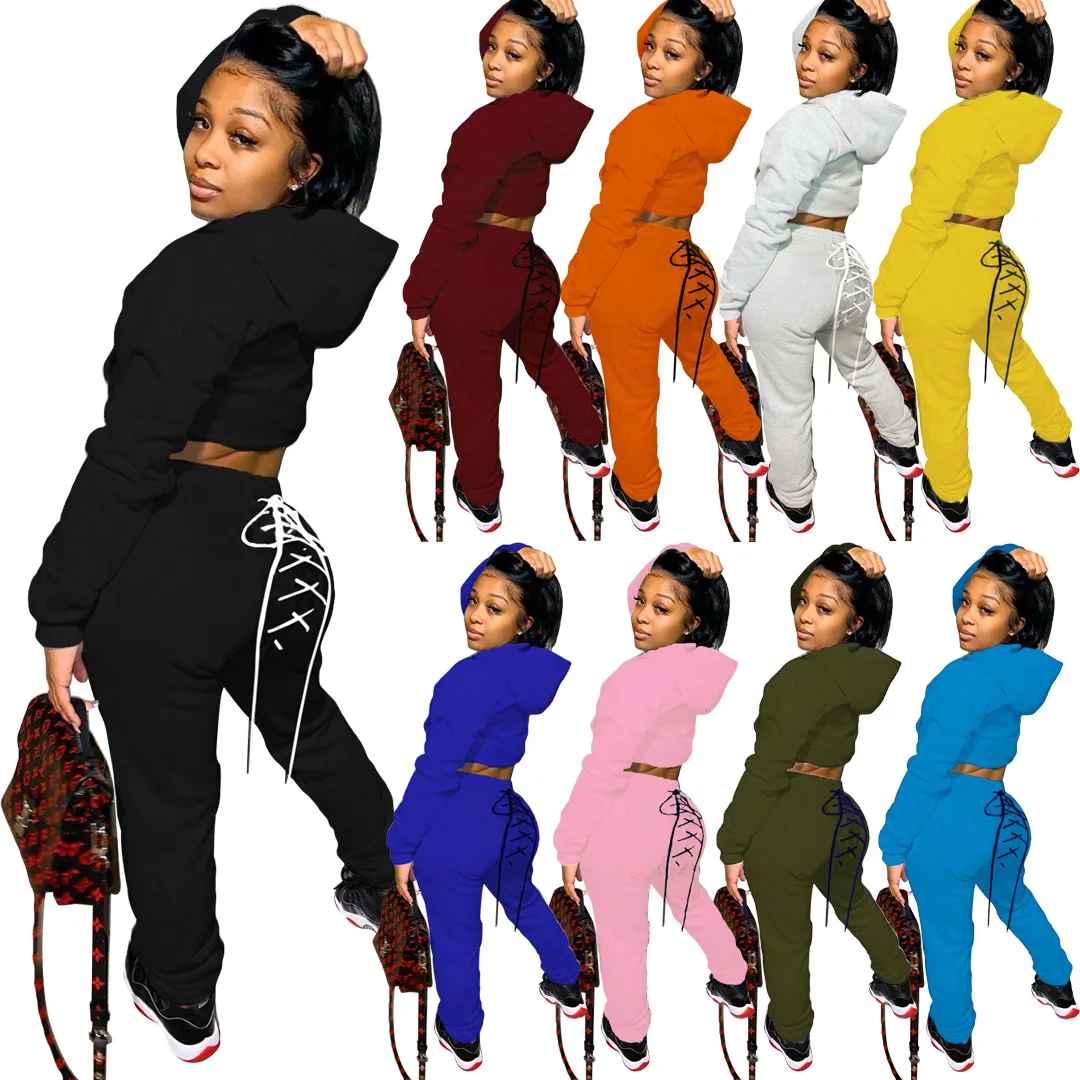 

Fashion casual suit solid color long-sleeved Hooded Sweatshirt tights Pants Two-piece Set European and American women's clothing