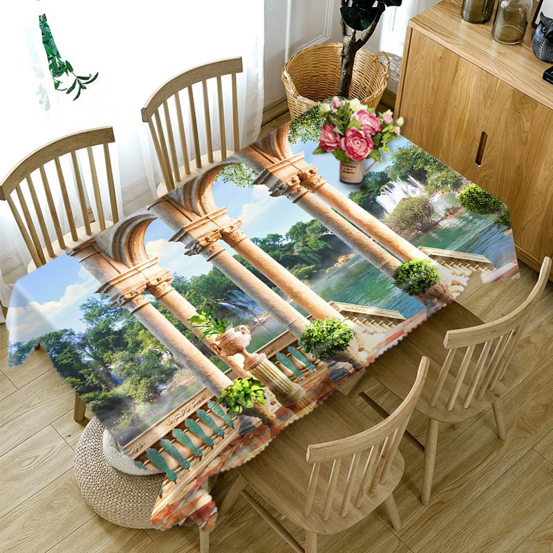 

3D Sea View Palace Tablecloth Merry Christmas Landscape Waterproof Thicken Rectangular and Round Table Cloth for Wedding
