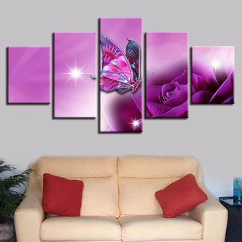 

Framework Decor Painting HD Prints 5 Pieces Butterfly And Purple Flower Sunshine Scenery Modular Canvas Poster Art