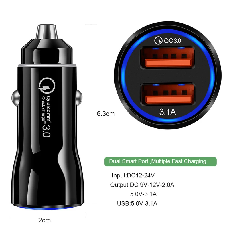 Dual-Port Fast USB Car Charger with Quick Charge 3.0 Technology