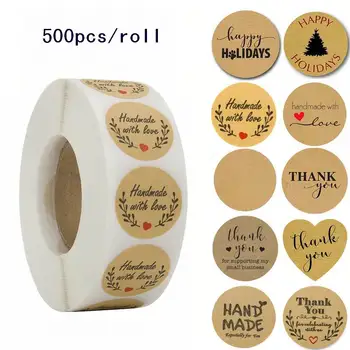 

50Roll 500 Labels per roll Round Natural Kraft Thank You Sticker seal labes Hand Made With Love Sticker Paper Stationery sticker