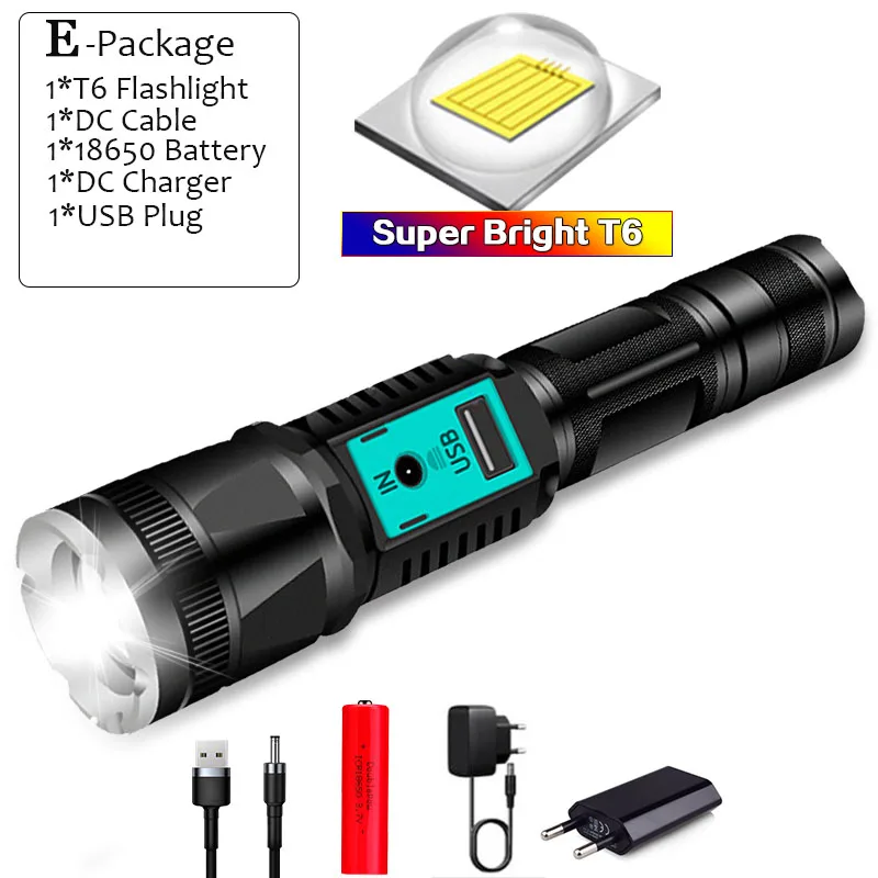 Супер Яркий T6 светодиодный фонарь тактический фонарь zoom DC фонарь с зарядкой Использует 18650 батарею для лучшего освещения на открытом воздухе водонепроницаемый - Испускаемый цвет: Package E