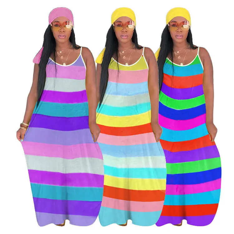 

Colorful Striped Print Beach Dress Women Spaghetti Strap V-Neck Loose Long Maxi Dresses Summer Casual Long Sundress Vestidos