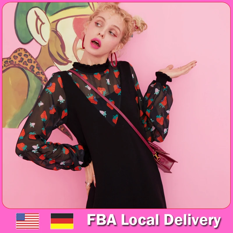 ELFSACK US & DE FBA Local Deliery Black Strawberry Print 2020 Autumn Sweet Frill Sleeve Ladies Basic Fake Two Pieces Dresses
