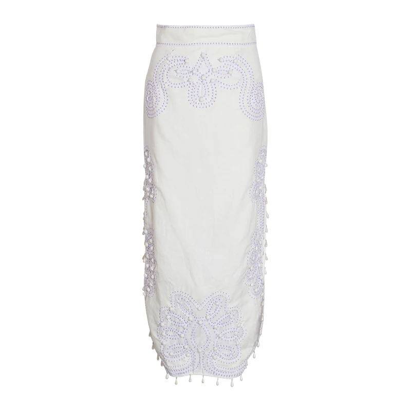 TWOTWINSTYLE Summer Beading Patchwork Skirt For Women High Waist Side Split Tassel Midi Skirts Female Fashion Clothing New