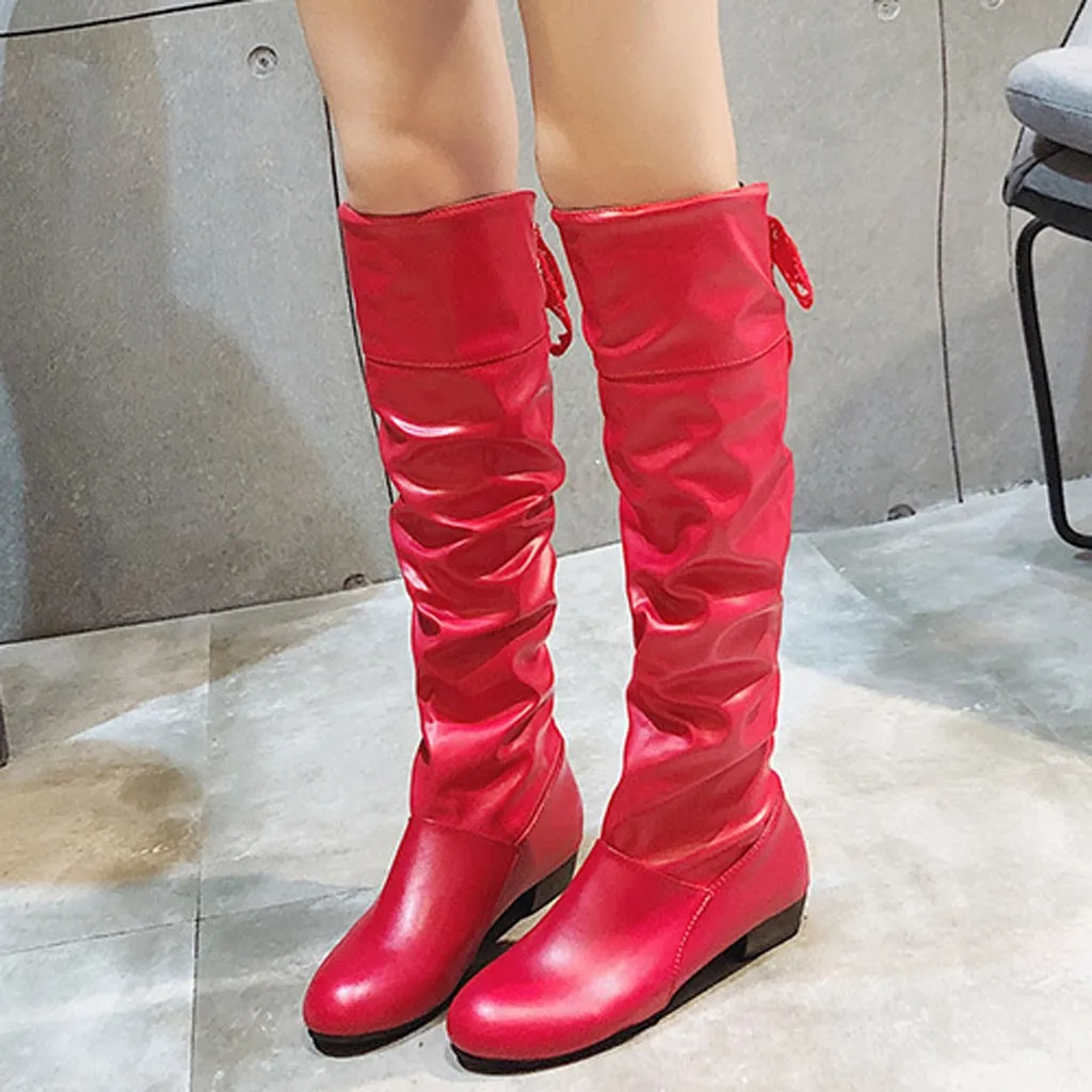 Высокие красные сапоги До Колена Для Женщин, теплые кожаные сапоги на каблуке в виде щенка ботинки на плоской подошве с кружевными ремешками Студенческая обувь больших размеров женские ботинки
