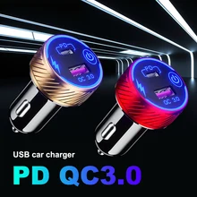 Dual USB Car Charger QC3.0+PD Port Fast Charging USB Car Charger Adapter W/ Touch Switch Marquee Light for Phone for Xiaomi GPS