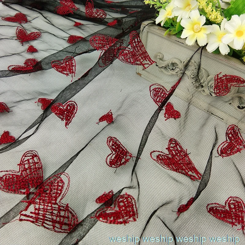 2 ярдов красное сердце черный тканевый ткань вышитая кружевная сетка ткань свадебное платье ткань DIY аксессуары для одежды шторы - Цвет: red