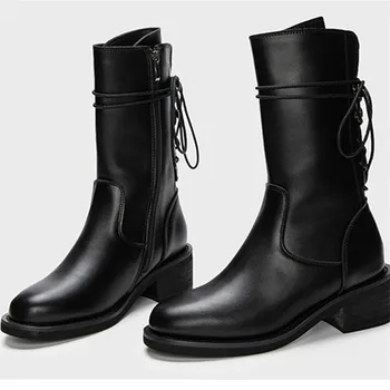 

Boots Women Zapatos De Mujer Round Toe Shoes Woman Square Heels Botas Mujer Side Zipper Bottes Femme Black Mid Calf Boots