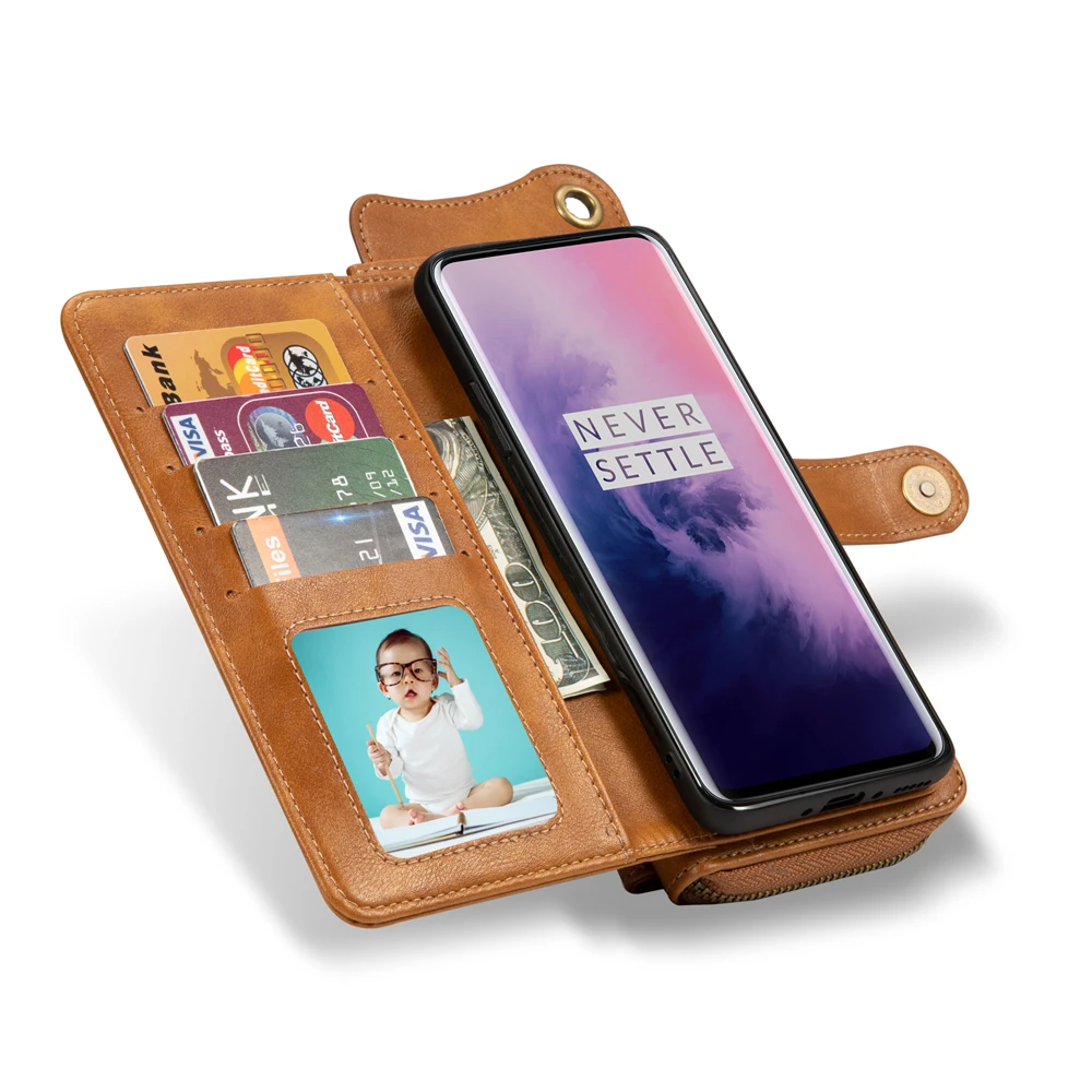 Luxury Leather Zipper Wallet Handbag Case for OnePlus 7 Pro Multi-Functional Detachable Flip Card Slot Magnetic Cover