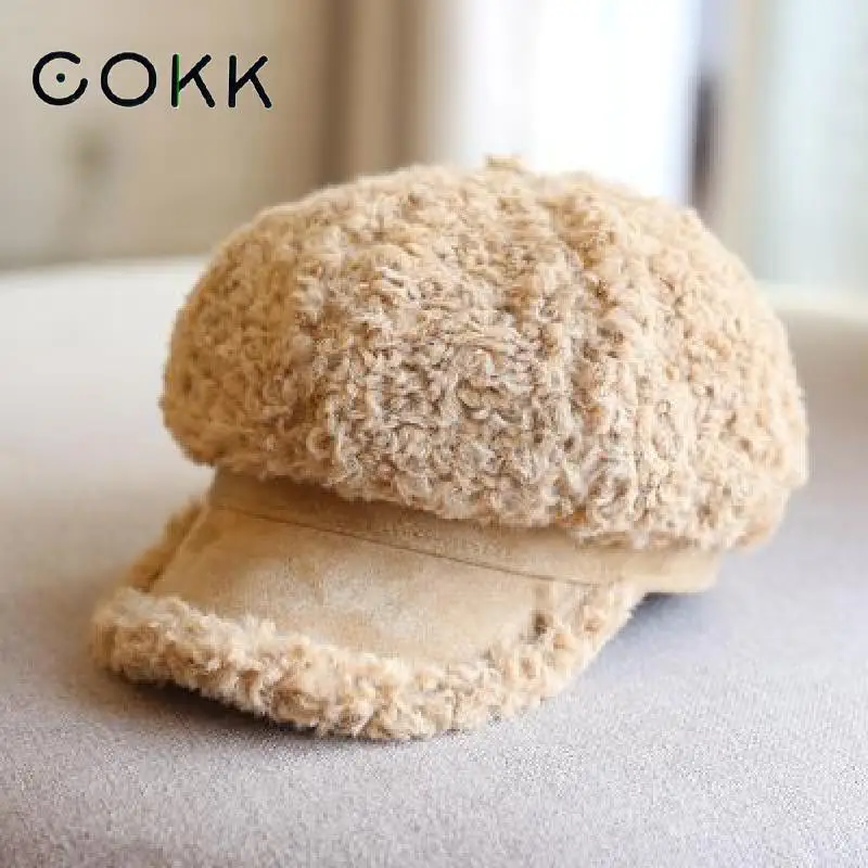 

COKK Lambs Plush Cotton Octagonal Hat Women Winter Beret Hats Women Vintage Bonnet Painter Cap Newsboy Caps Thick Warm