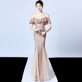 

Hot Vestidos Polyester Silk Tassel Beads Fishtail Banquet Elegant Temperament Annual Meeting Host Car Model Party Dress Women