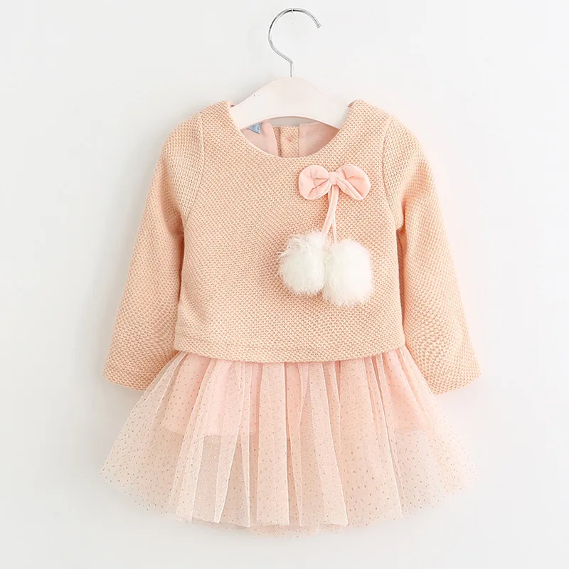 Осень-зима детское платье принцессы с длинными рукавами для маленьких девочек, Платье для первого дня рождения для малышей, для свадьбы и праздника; платье - Цвет: Pink