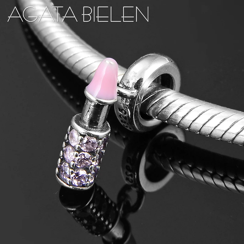 

DIY Gift 925 Sterling Silver Barbie Pink Lipstick CZ Charm Pendant Beads for Jewelry Making Fit Original Pandora Charm Bracelets