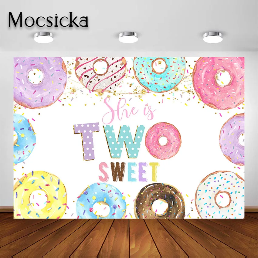 

Mocsicka Two Sweet Donut Birthday Backdrop for Girls 2nd Birthday Party Decor Donut Grow Up Bday Photoshoot Background