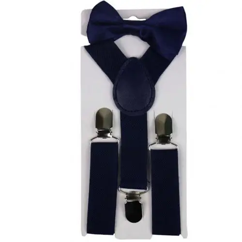 Тёмно-синий 2Pcs/Set Solid Color Kids Boy Girls Clip-ons Y-Shape Elastic Suspenders Bowtie Suspenders Y-Shape Pre-tied Bow Suspenders hot 20 - Цвет: Тёмно-синий