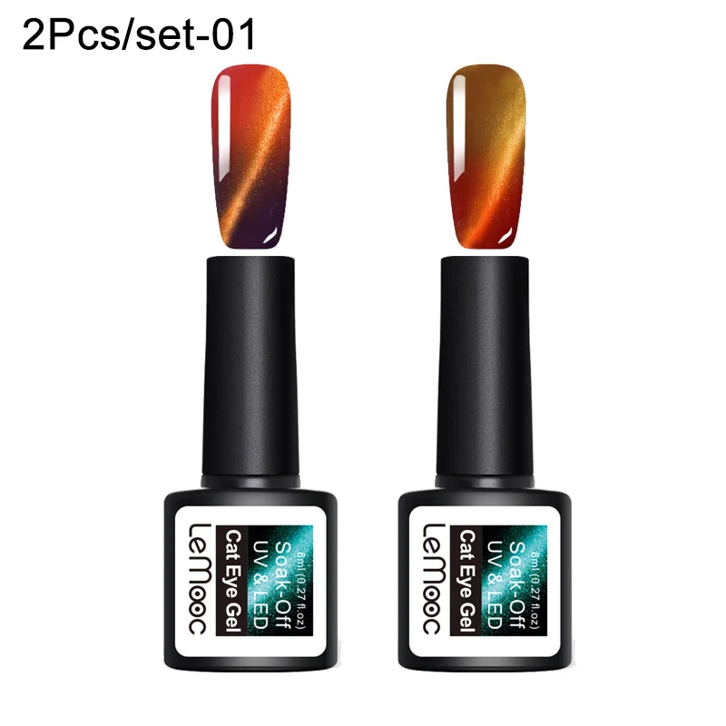 LEMOOC Cat Eye Effect Gel Chameleon Thermal Magnetic Gel Nail Polish Soak Off UV Laser Gel Varnish Black Base Top Coat - Color: set 1