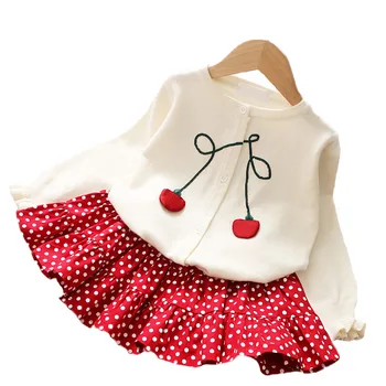 

2019 Autumn Sweet Girl Two-piece Suit Cute Fruit Embroidered Wool Cardigan +Dot Cake Skirt Suit Baby Kids Clothes Set