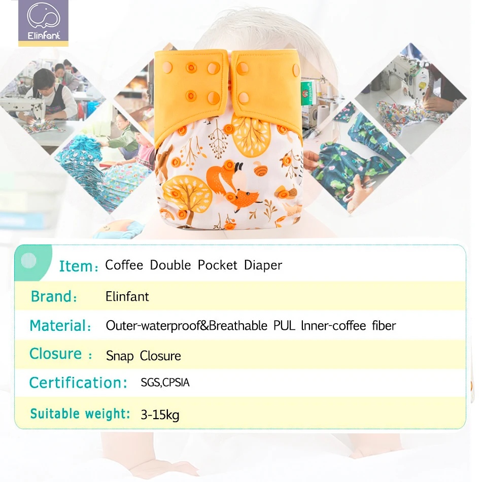 Elinfant, 1 шт., детская Пеленка из моющейся ткани+ 1 шт., водонепроницаемые детские подгузники с карманом, с рисунком совы, многоразовый подгузник для детей 0-2 лет