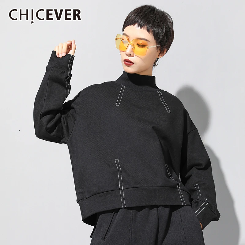 CHICEVER Корейская черная толстовка женская с длинным рукавом стоячий воротник размера плюс свободные пуловеры топы Женская одежда модная новинка