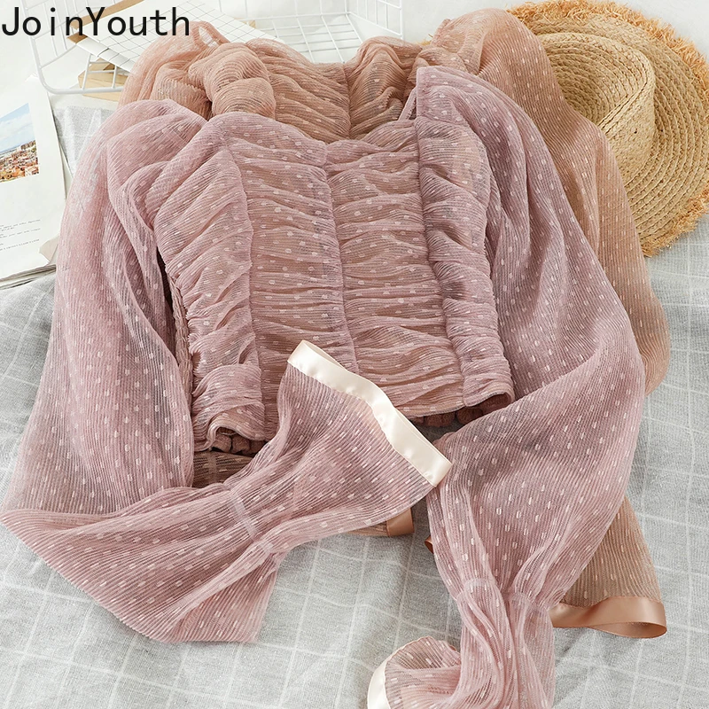 

Joinyouth Sexy Dot Mesh Women Shirt Vintage Square Collar Flare Long Sleeve Chiffon Blouses 2020 Spring Crop Top Blusas 57708