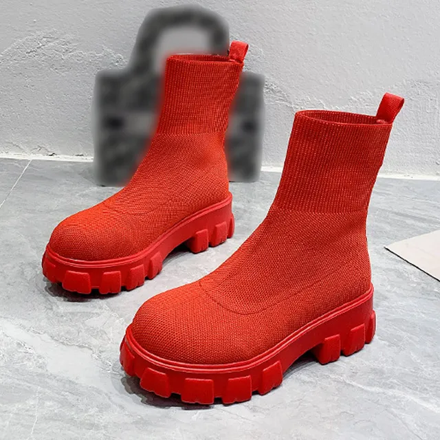 MCCKLE Women Boots Slip On Western Ankle Boots Platform Knitted Ladies Autumn Socks Boots for Women Fashion Female Booties 2021 4672Red