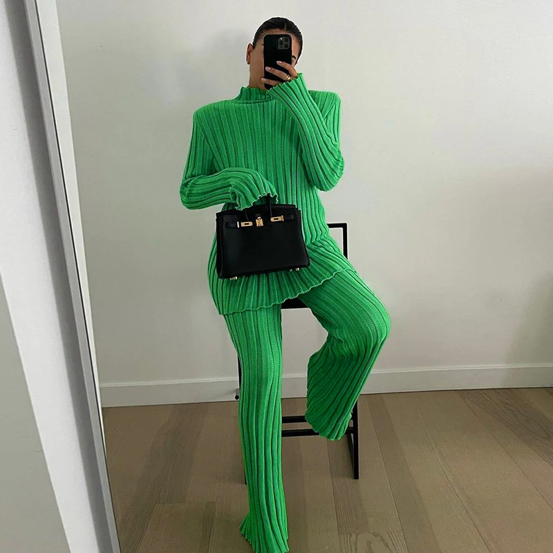 Fashion Ribbed Women's Turtleneck Sweater Green Long Sleeve Shrugs Knitwear Jumper Female Knitted Tops 2025 Autumn Winter