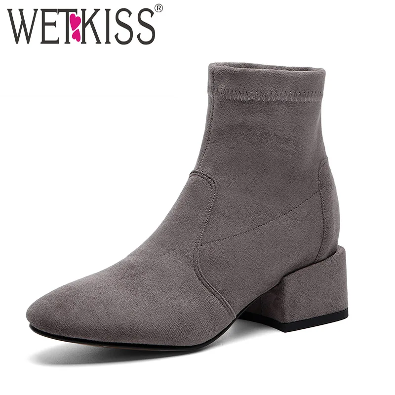 

WETKISS High Heels Boots Women Sttetch Flock Ankle Boot Female Socck Shoes Ladies Square Toe Shoes Women Winter 2020 New Black